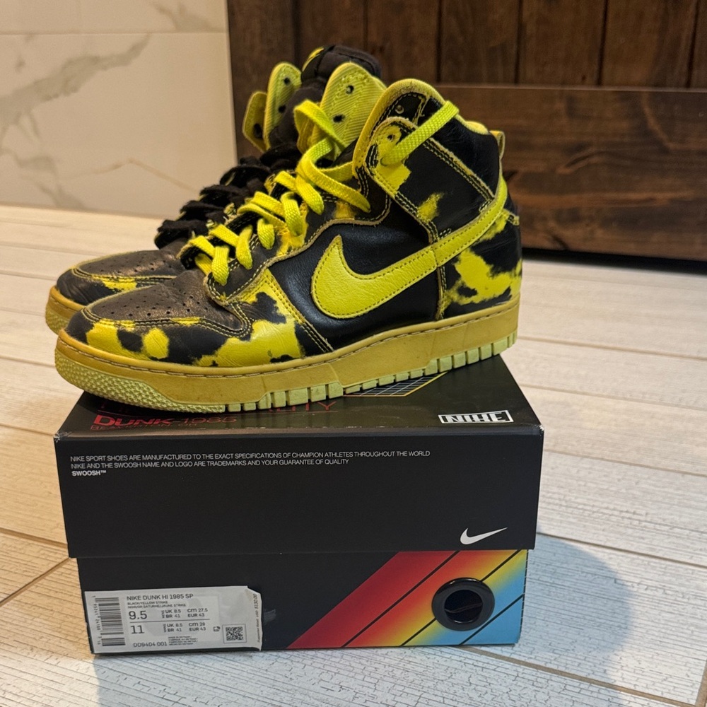Nike Dunk High HI 1985 SP Yellow Acid Wash Black White Shoes - size 9.5